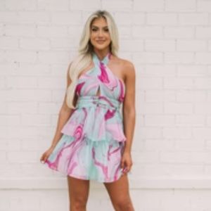 These Three Boutique Tiered Criss Cross Halter Dress (size M) (multicolor)